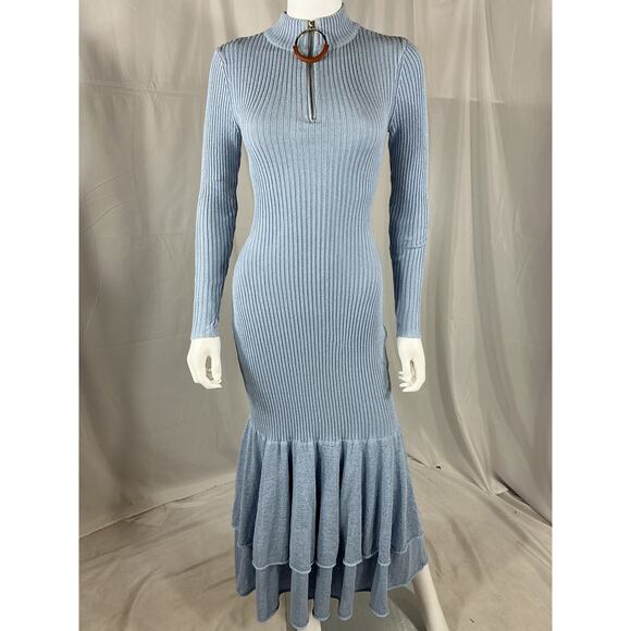 Jw Anderson Tiered Ribbed Blue Cotton Maxi Dress Size XS - Picture 2 of 4